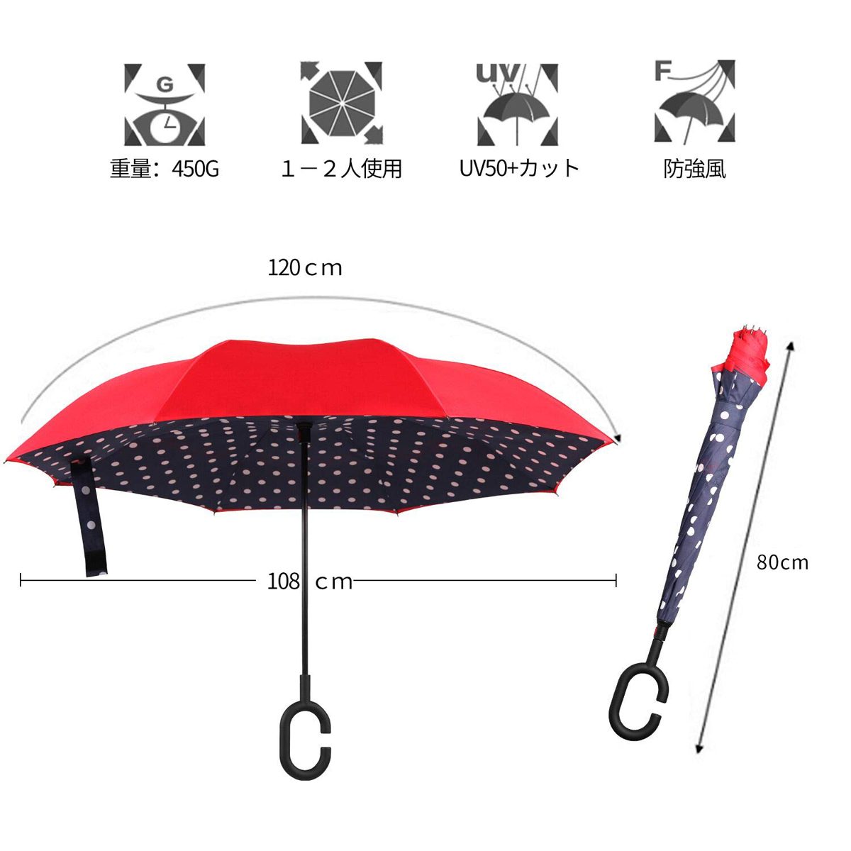 [Amazon Brand] Eono Double Layer Inverted Umbrella, Reverse Folding Umbrella, Self Standing Windproof UV Protection, Travel Umbrella, Car Rain and Outdoor, C-Shape Handles, Blue Dots
