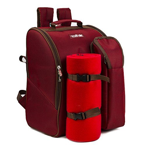 Eono Red 2 Person Picnic Backpack Hamper Basket with Cooler Bag with Harness and Fleece Blanket