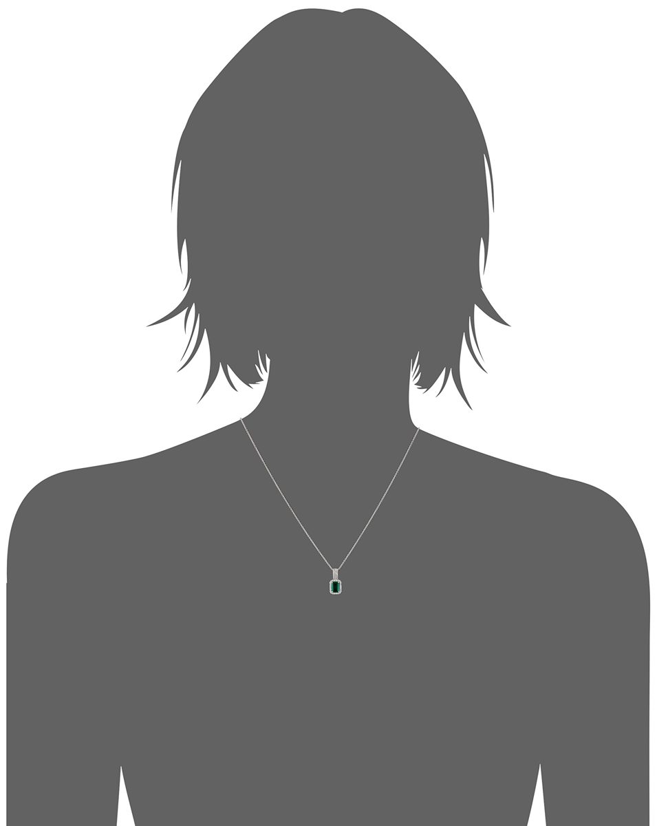 Sterling Silver Octagon Created Emerald and Round Created White Sapphire Pendant Necklace