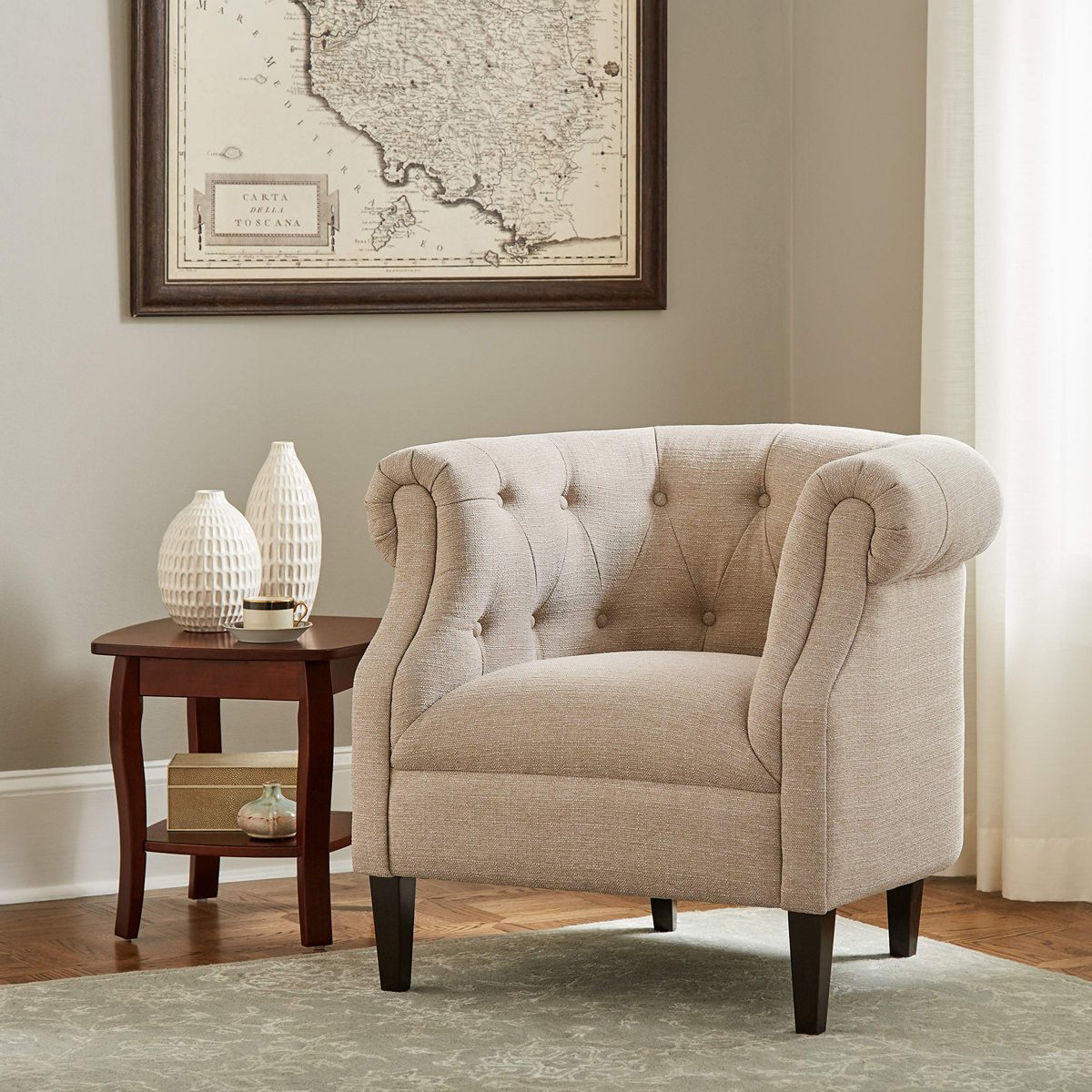 Amazon Brand – Ravenna Home Westcott Curved Tufted Rolled Arm Accent Chair, 34"W, Flax