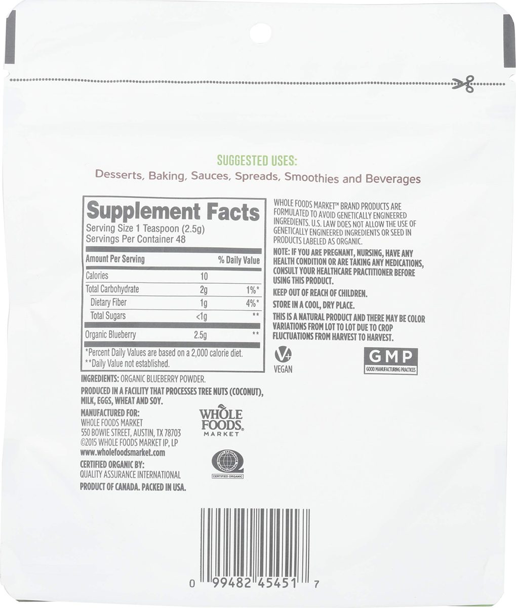 Whole Foods Market, Powder Blueberry Organic, 4.2 Ounce
