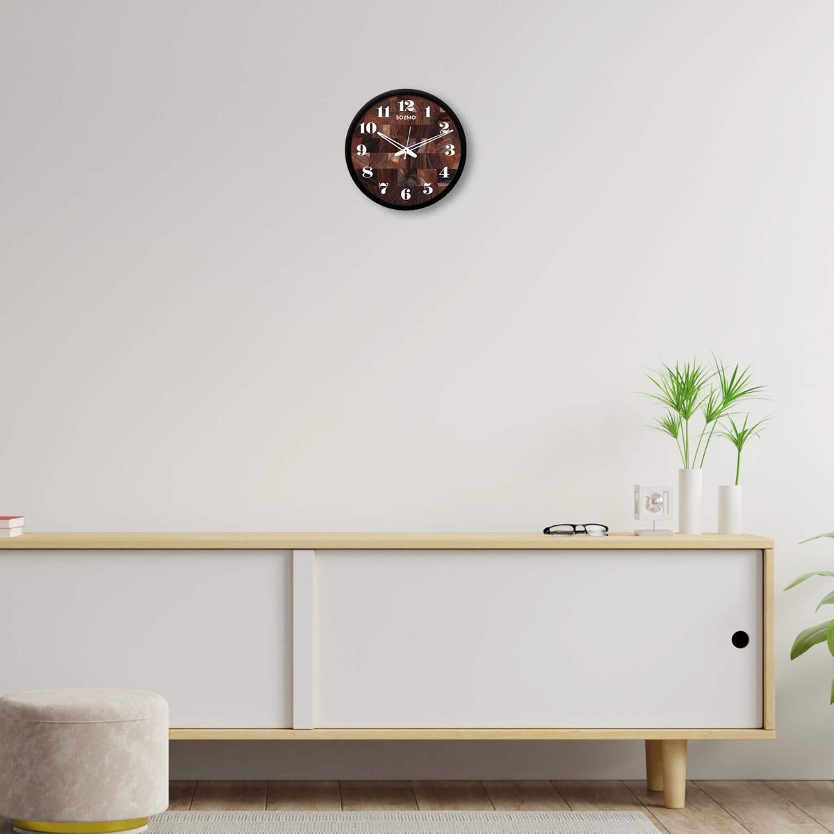 Amazon Brand - Solimo 12-inch Wall Clock - Teak Tiles (Silent Movement, Black Frame)
