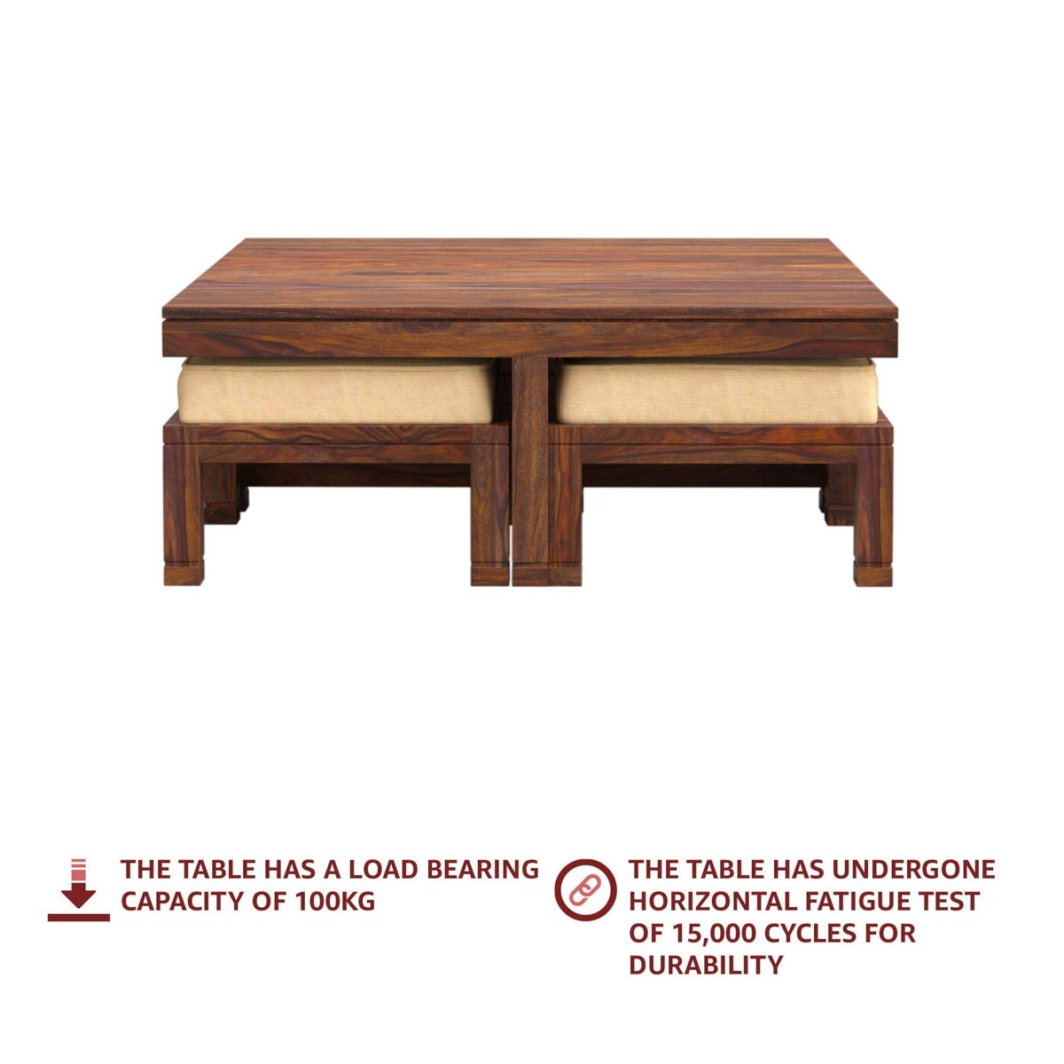 Amazon Brand - Solimo Andro Solid Sheesham Wood Coffee Table with 4 Stools (Teak Finish)