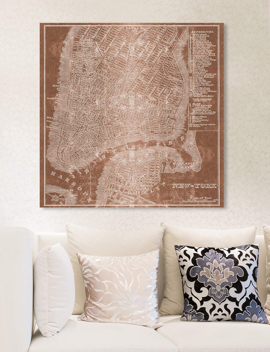 Amazon Brand – Stone & Beam Modern Copper Print Wall Art of New York City Map on Canvas, 24" x 24"