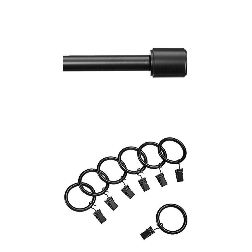 AmazonBasics 1" Curtain Rod with Cap Finials, 72" to 144" and AmazonBasics 1" Curtain Clip Ring, Set of 7, Black