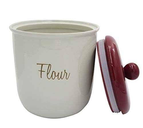Amazon Brand – Ravenna Home Classic Stoneware 3-Piece Labeled Canister Set - Set of 3, White with Red Lid