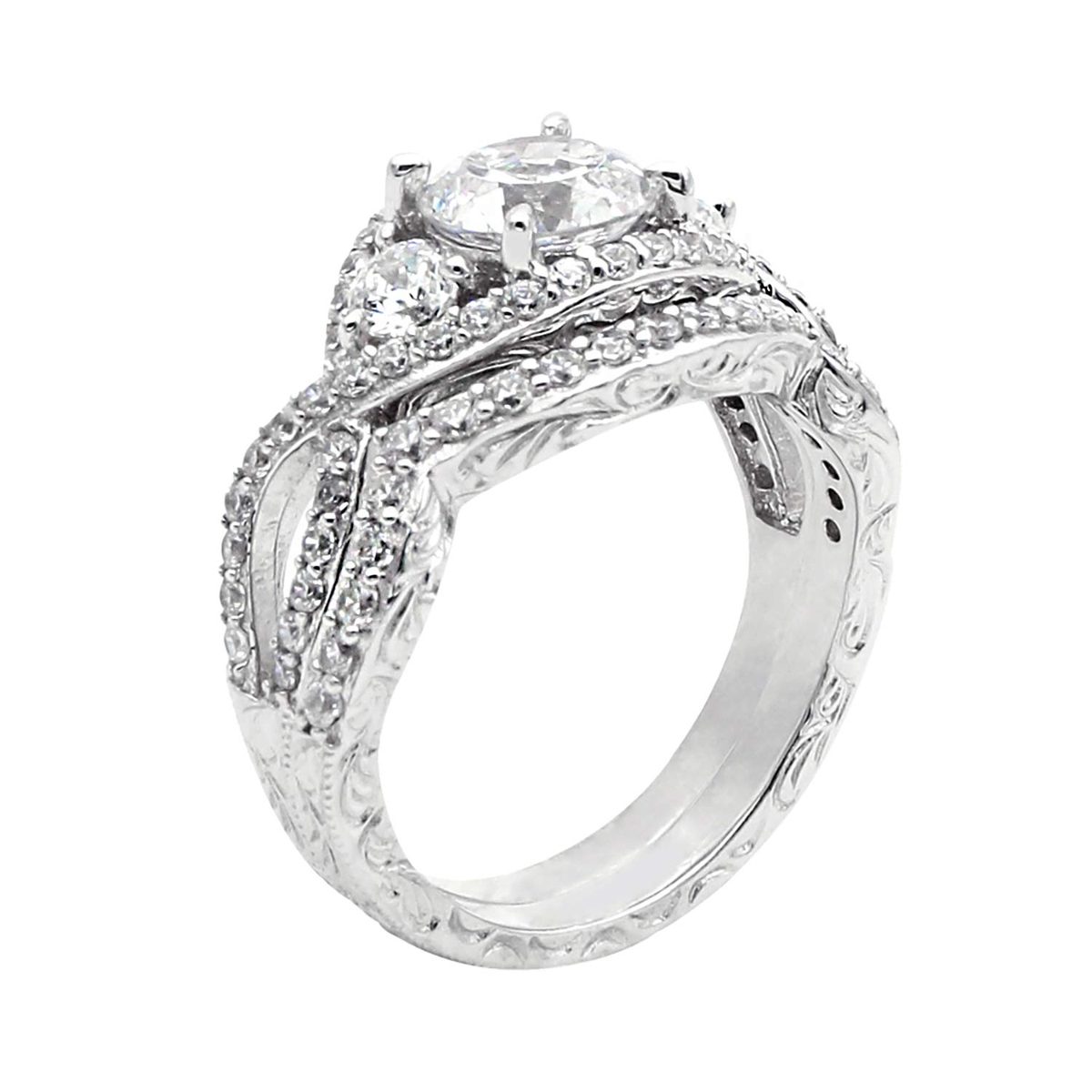 [Find] Amazon Collection Rhodium Plated Sterling Silver Clear Round kattokyu-bikkuzirukoniaetanitexibandoringu, Size 14
