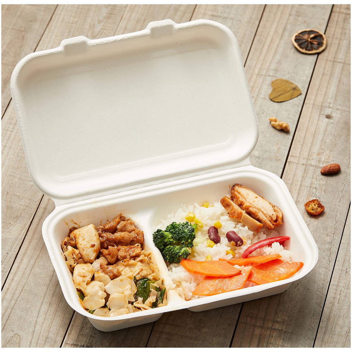 AmazonBasics Collapsible 2 Compartment Compostable Food Containers, 24.9 x 16.3 x 6.9 cm, Pack of 250