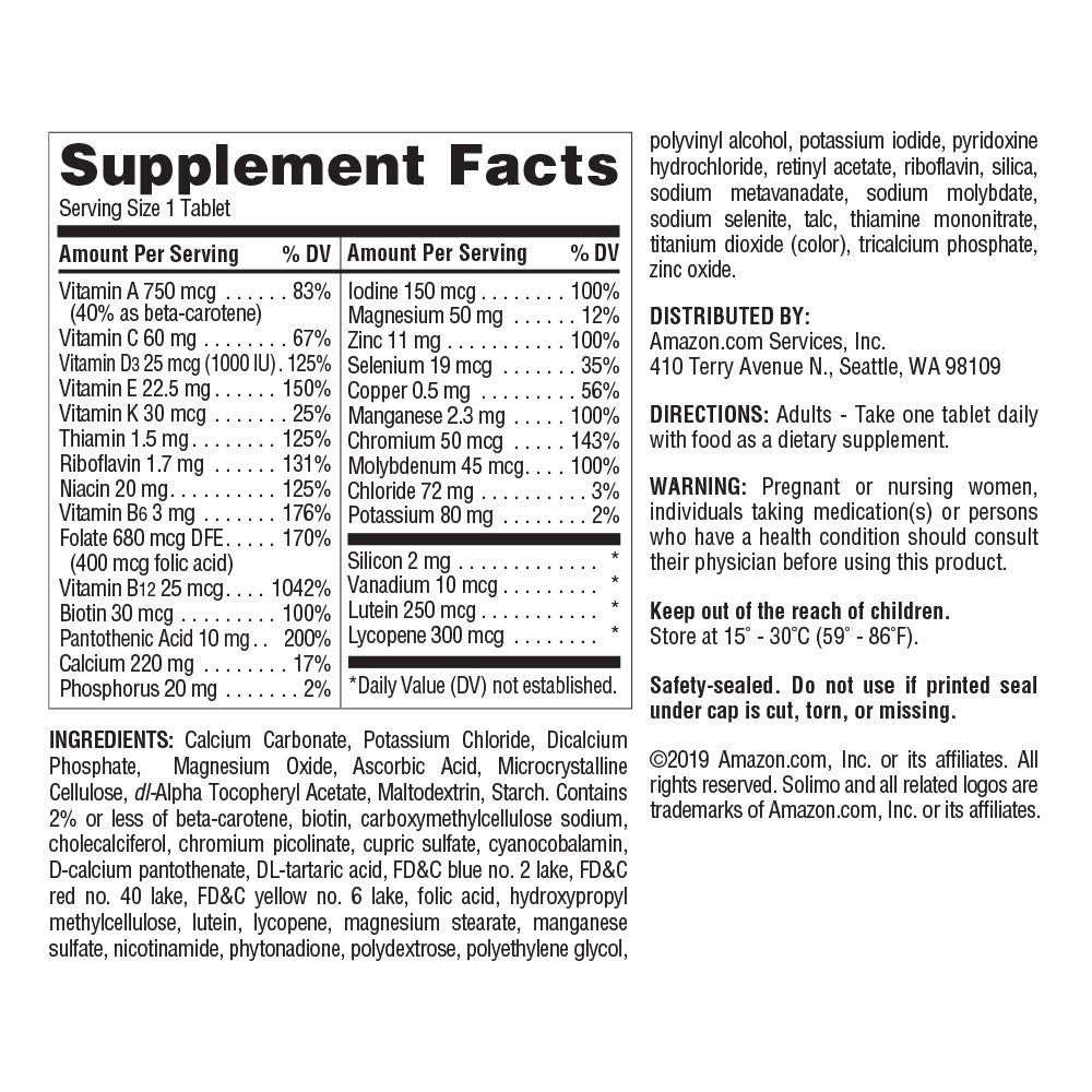 Amazon Brand – Solimo Adult 50+ Multivitamin, 365 Count