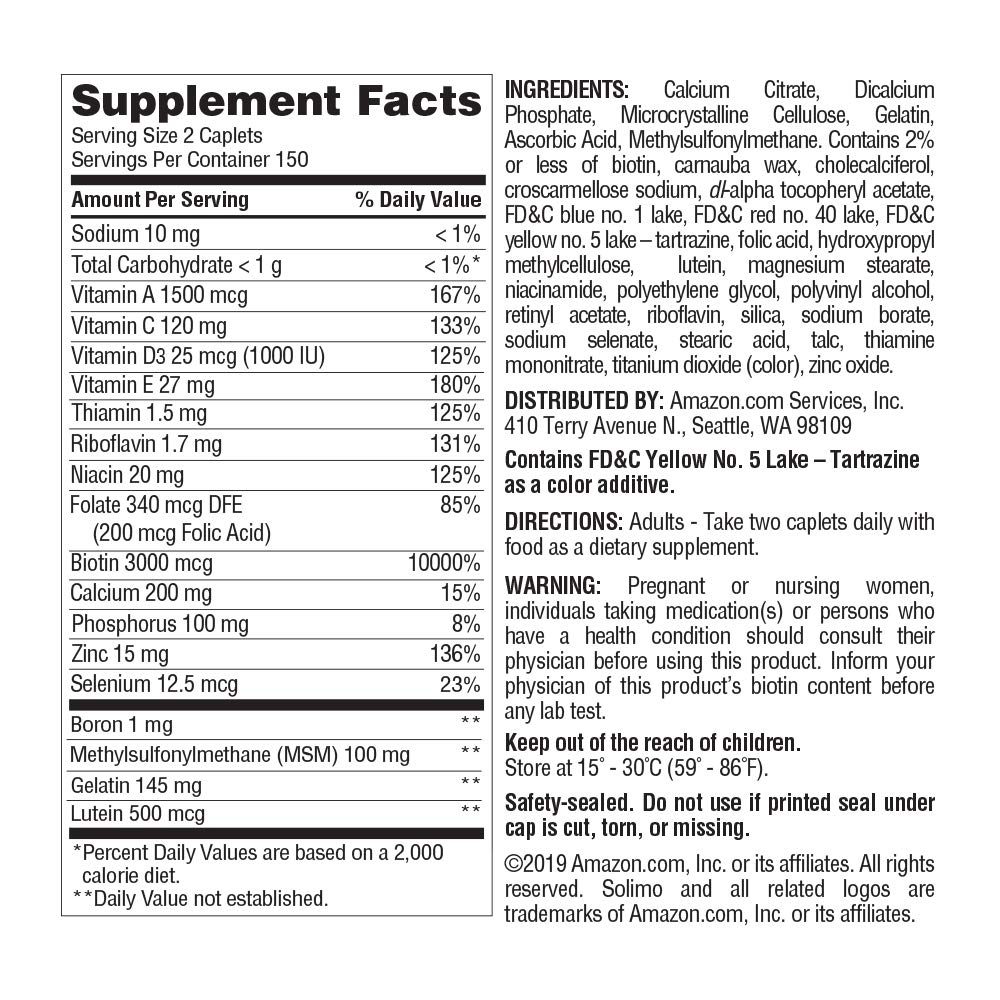 Amazon Brand - Solimo Hair, Skin & Nails Multivitamin, Biotin 3000 mcg per Serving (2 Caplets), 300 Caplets, Value Size