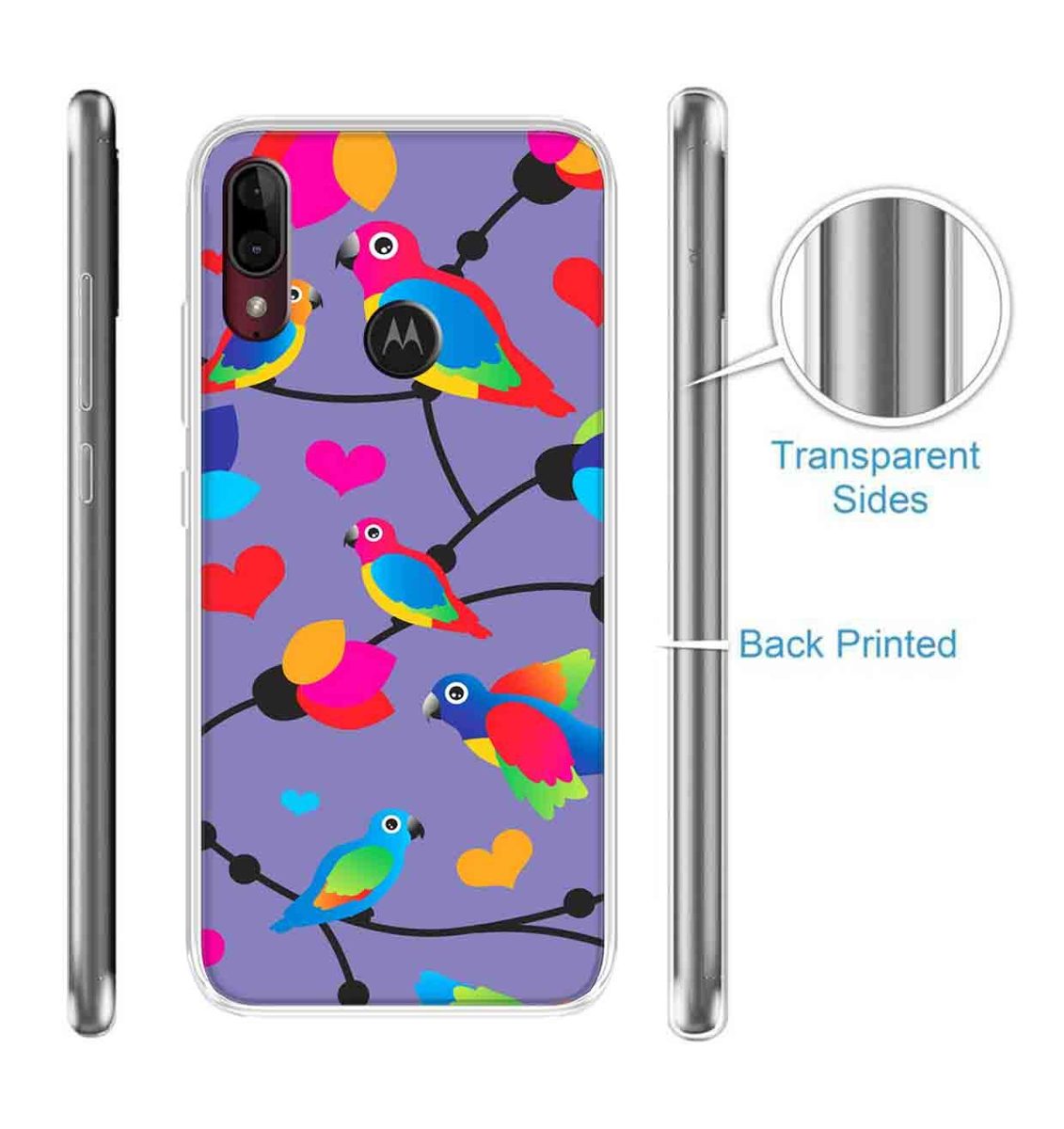 Amazon Brand - Solimo Designer Multicolor Flycatchers Birds Violet Patterns Design Printed Soft Back Case Mobile Cover for Motorola Moto E6s / Motorola Moto E6 Plus