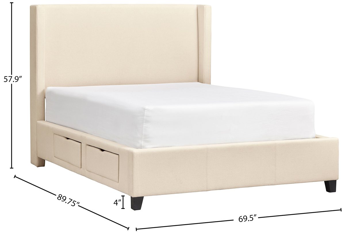 Stone & Beam Clifton Modern Upholstered Queen Bed with Storage Drawers, 69.5"W, Cream
