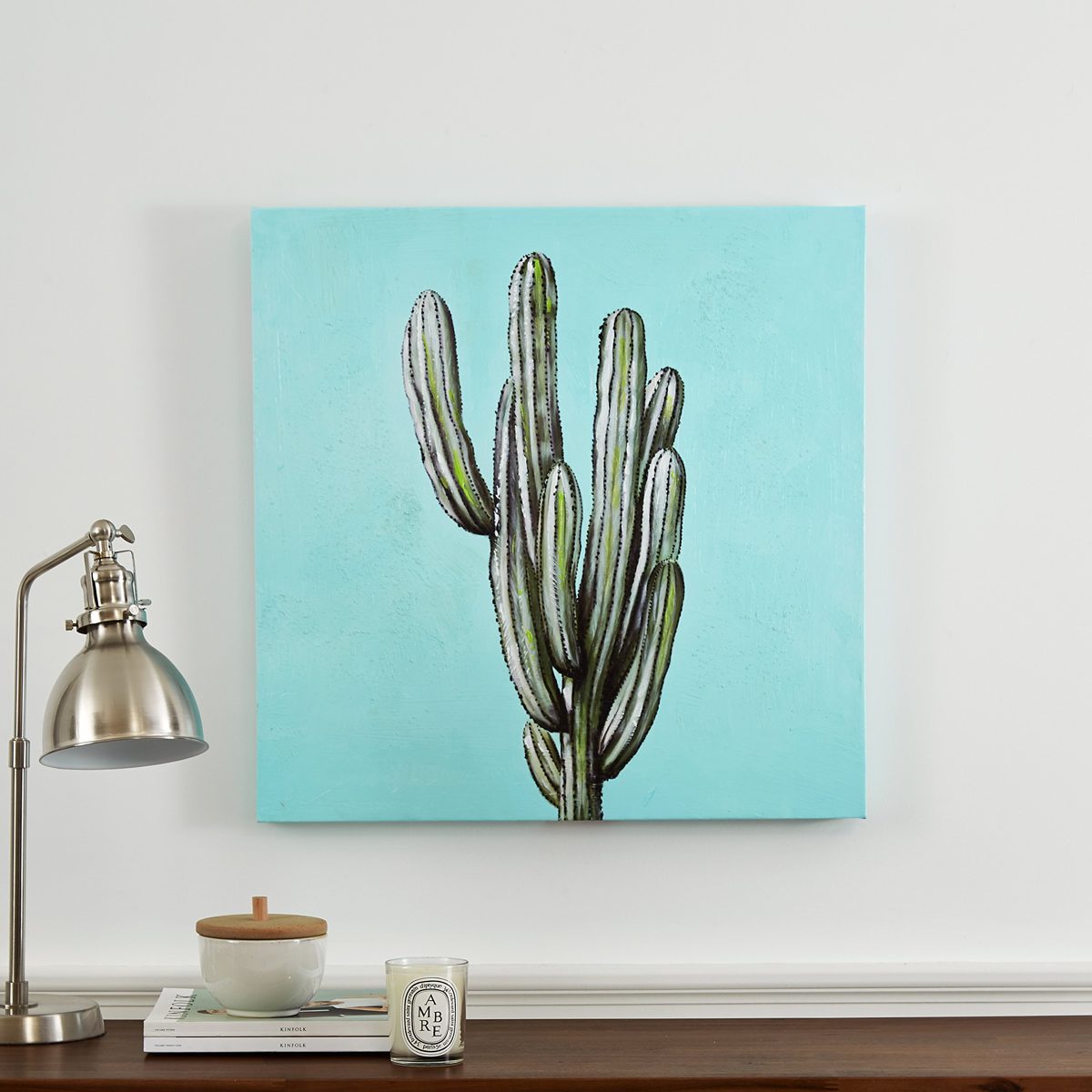 Amazon Brand – Rivet Mid Century Modern Southwestern Blue and Green Cactus Print Wall Art Decor on Canvas, 24 x 24 Inches