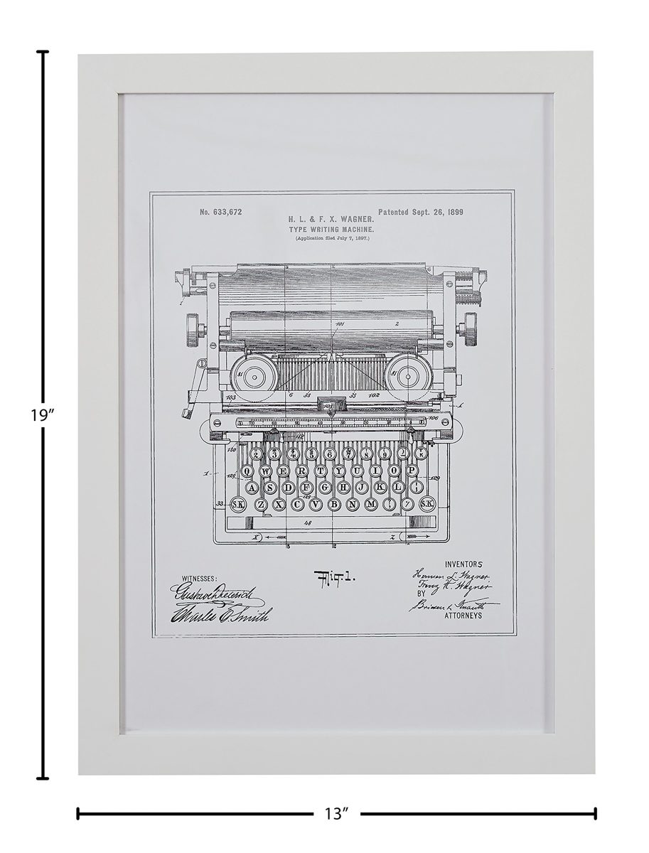 Black on White Blueprint of 1899 Typewriter, White Frame, 15" x 21"