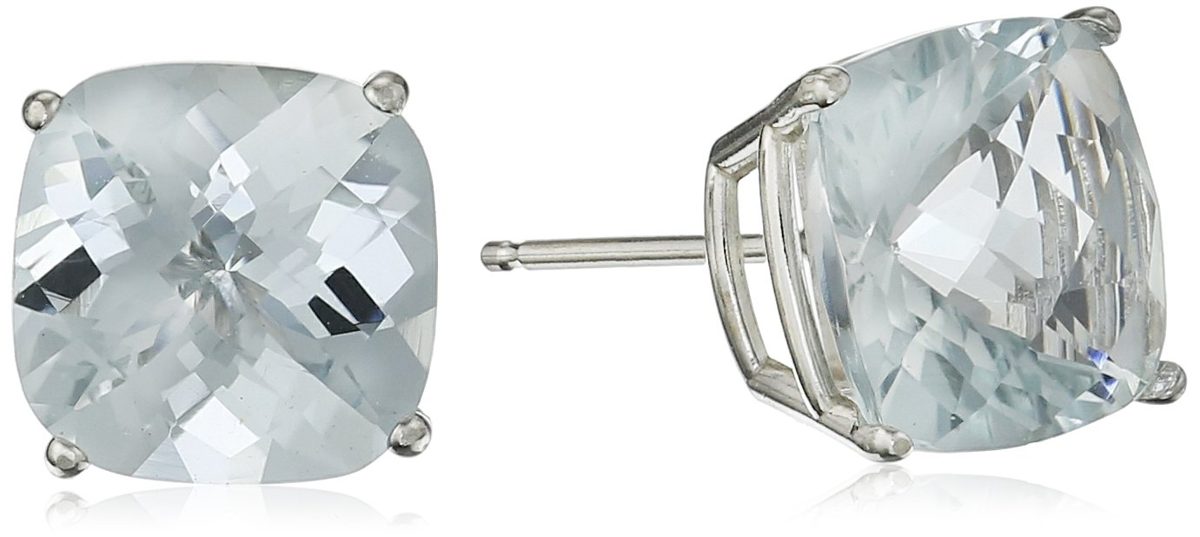 14k White Gold Cushion-Cut Checkerboard Aquamarine Stud Earrings