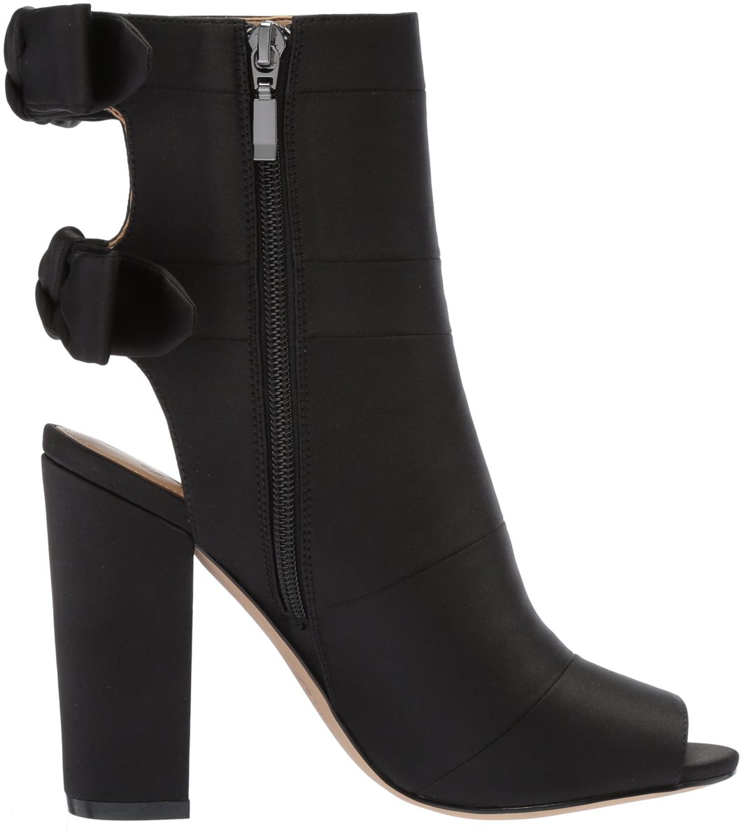 Amazon Brand - The Fix Women's Phoebe Open Toe Block Heel Bootie with Bow Detail Ankle Boot, Black Satin, 6.5 B US