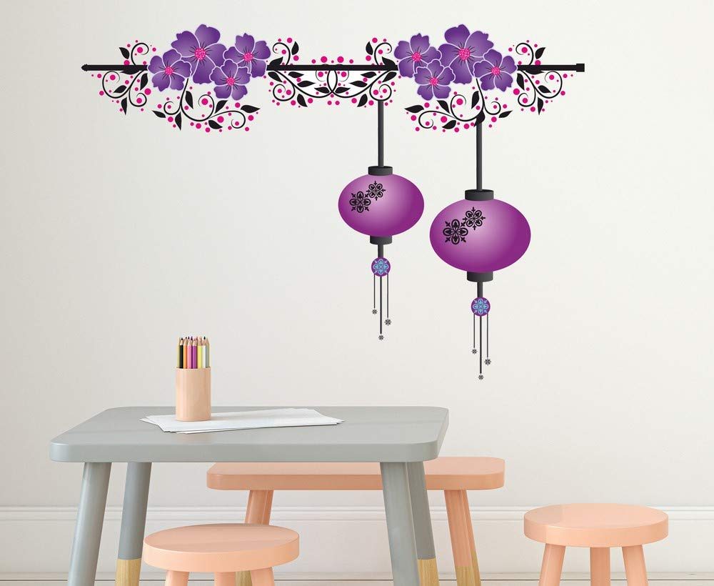 Amazon Brand - Solimo Wall Sticker for Living Room (Lanterns on a Floral Branch, Ideal Size on Wall - 143 cm x 101 cm)