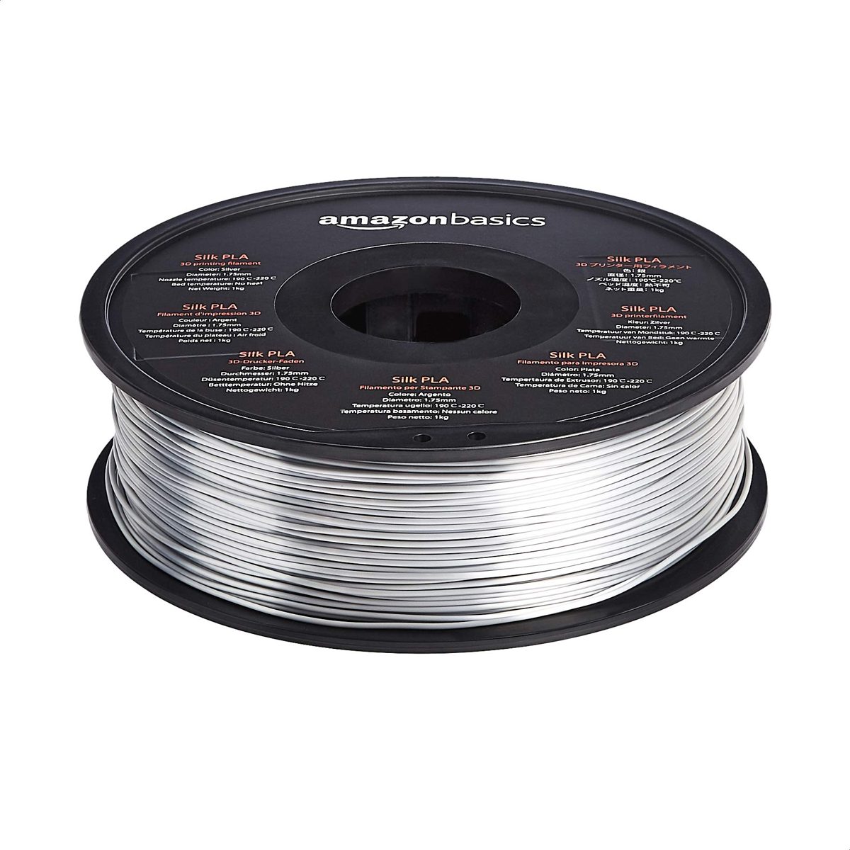 AmazonBasics Silk PLA 3D Printer Filament, 1.75mm, Silver, 1 kg Spool (2.2 lbs)
