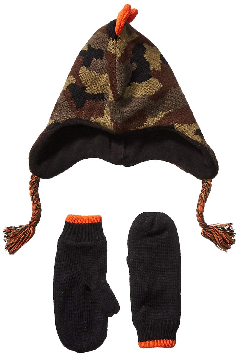 Amazon Brand - Spotted Zebra Kids 2-Piece Sweater Cold Weather Trapper and Mittens Set, Camo Dino Medium/Large (8-14)