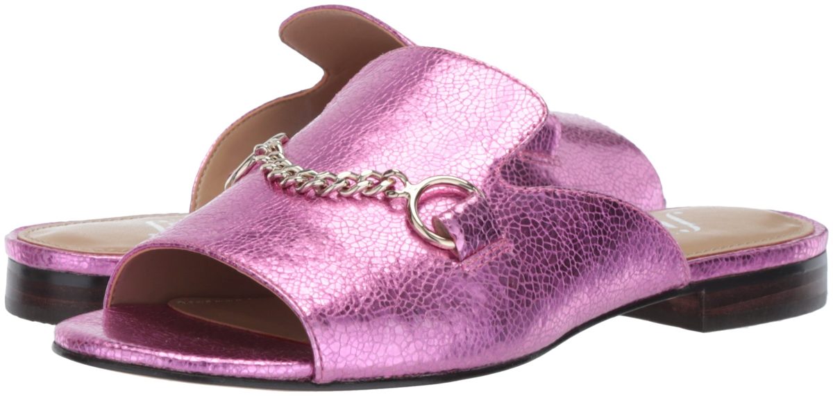 The Fix Amazon Brand Women's Nikole Open Toe Slide with Chain Detail Flat Sandal, Bubble Gum Pink/Metallic Crackle Leather, 6.5 B US