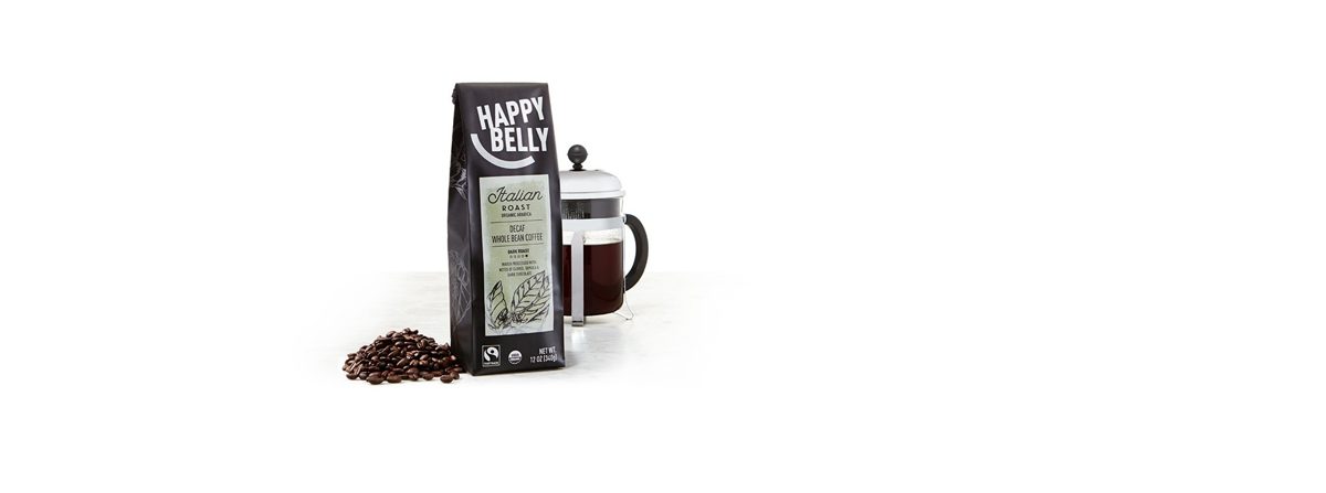 Amazon Brand - Happy Belly Italian Roast Decaf Organic Fairtrade Coffee, Dark Roast, Whole Bean, 12 ounce
