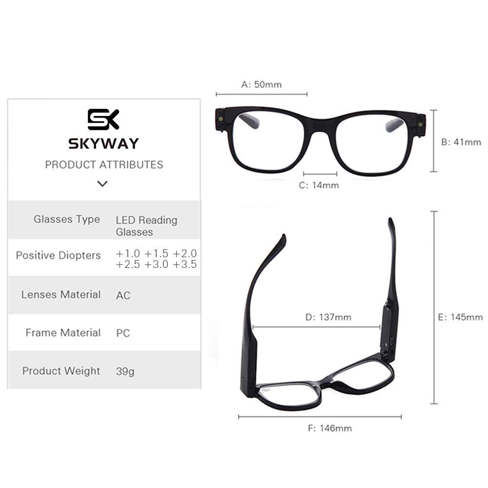SKYWAY Bright LED Readers with Lights Reading Glasses Lighted Eyewear Clear Vision Unisex(Black, 3.5X)