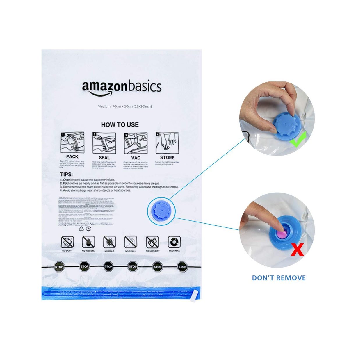 AmazonBasics Vacuum Compression Storage Bags with Hand Pump - Medium, 5-Pack (Renewed)