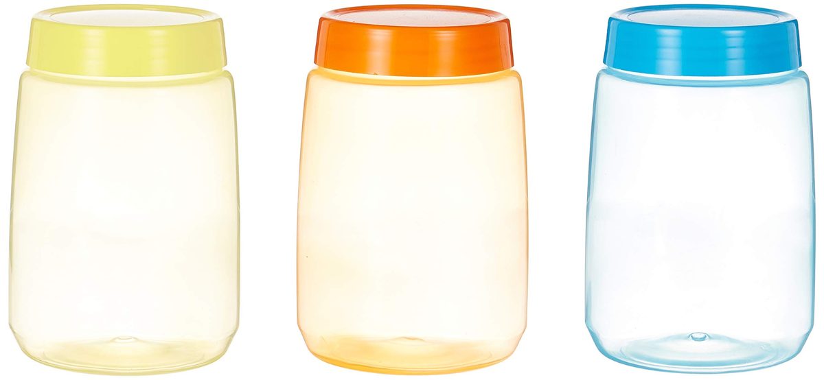 (Renewed) Amazon Brand - Solimo Plastic Storage Bottle Set, 1 Litre, Set of 3, Multicolour