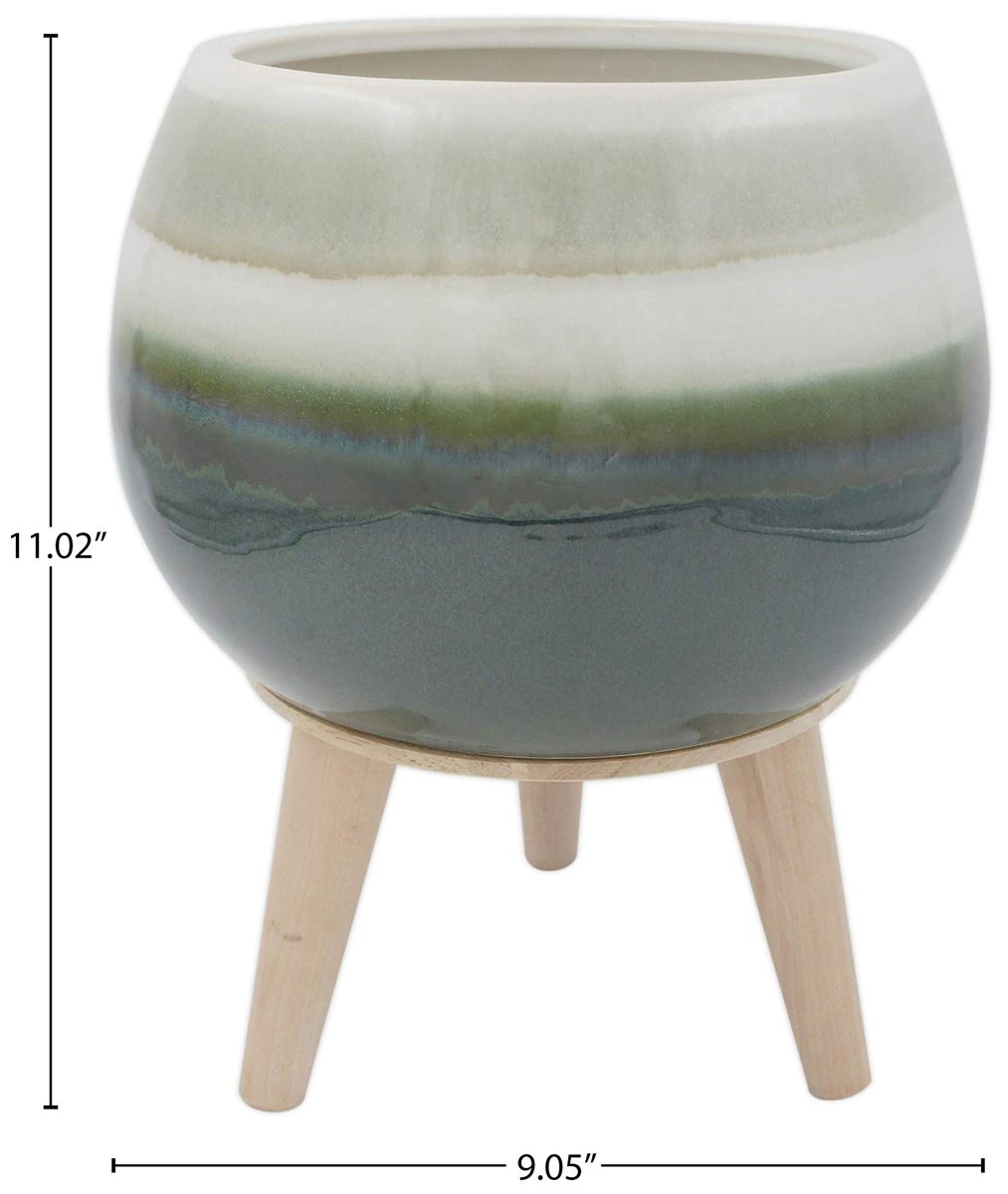 Amazon Brand – Rivet Mid-Century Stoneware Planter with Wood Stand, 11.02"H, Green Ombre