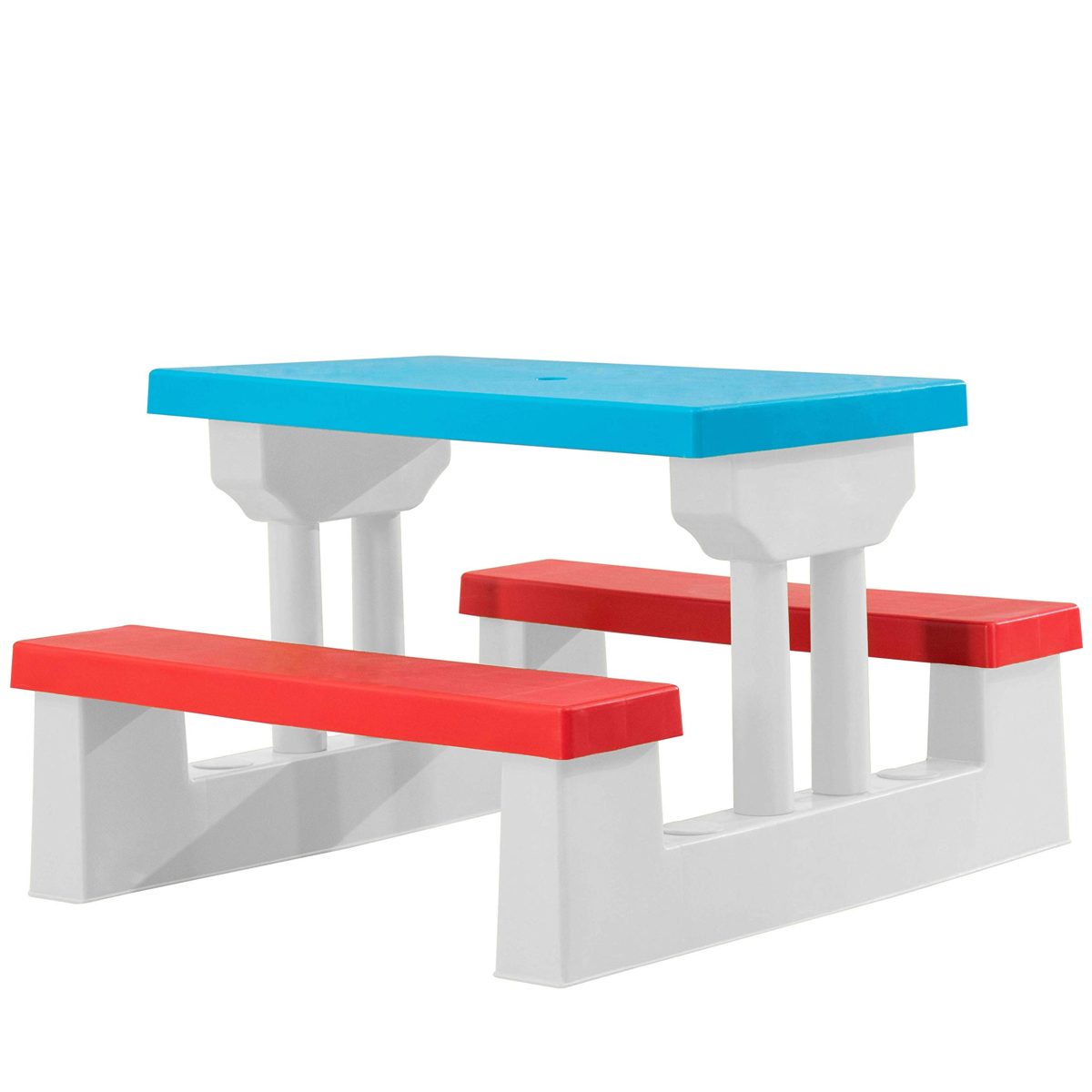 AmazonBasics Plastic Multicolored Kids Outdoor Table with Umbrella - Red/White/Blue (Renewed)