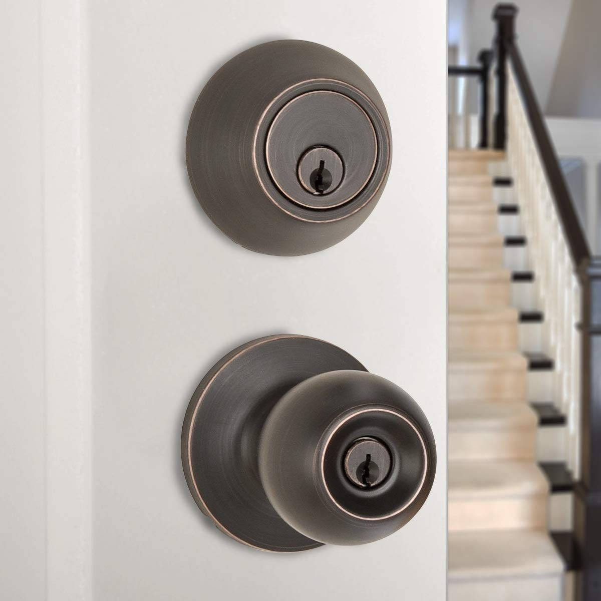 AmazonBasics Exterior Door Knob With Lock and Deadbolt, Standard Ball, Oil Rubbed Bronze