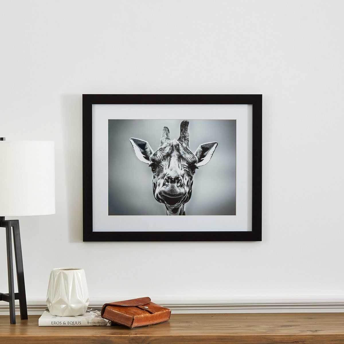 Amazon Brand – Stone & Beam Modern Black and White Giraffe Portrait Photo Print Framed Wall Art Decor - 18 x 22 Inch Frame, Black
