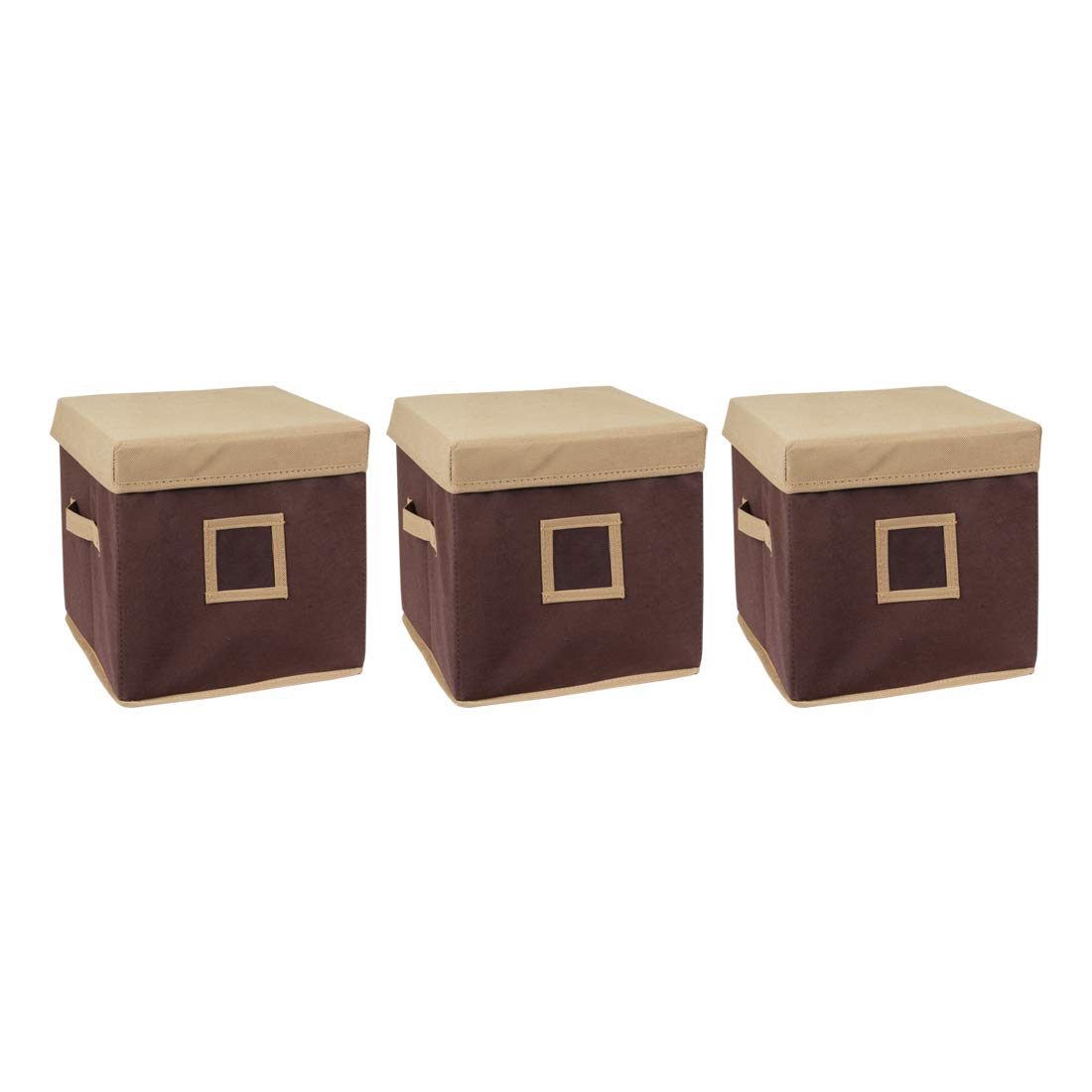 Amazon Brand - Solimo Fabric Storage Box with Lid, Small, Set of 3, Beige and Brown