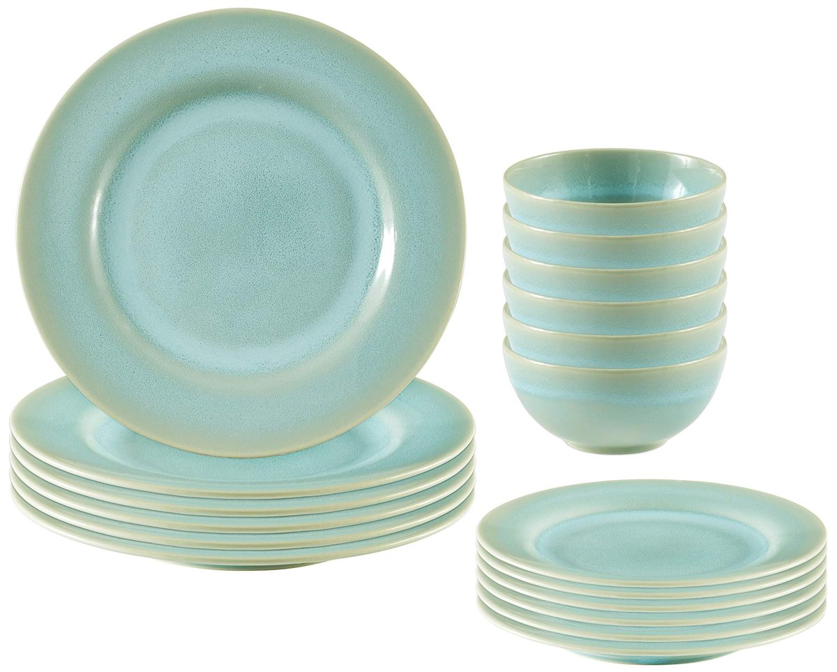 Rivet Corwin Modern Reactive-Glaze Stoneware 18-Piece Dinnerware Set, Service for 6, Turquoise