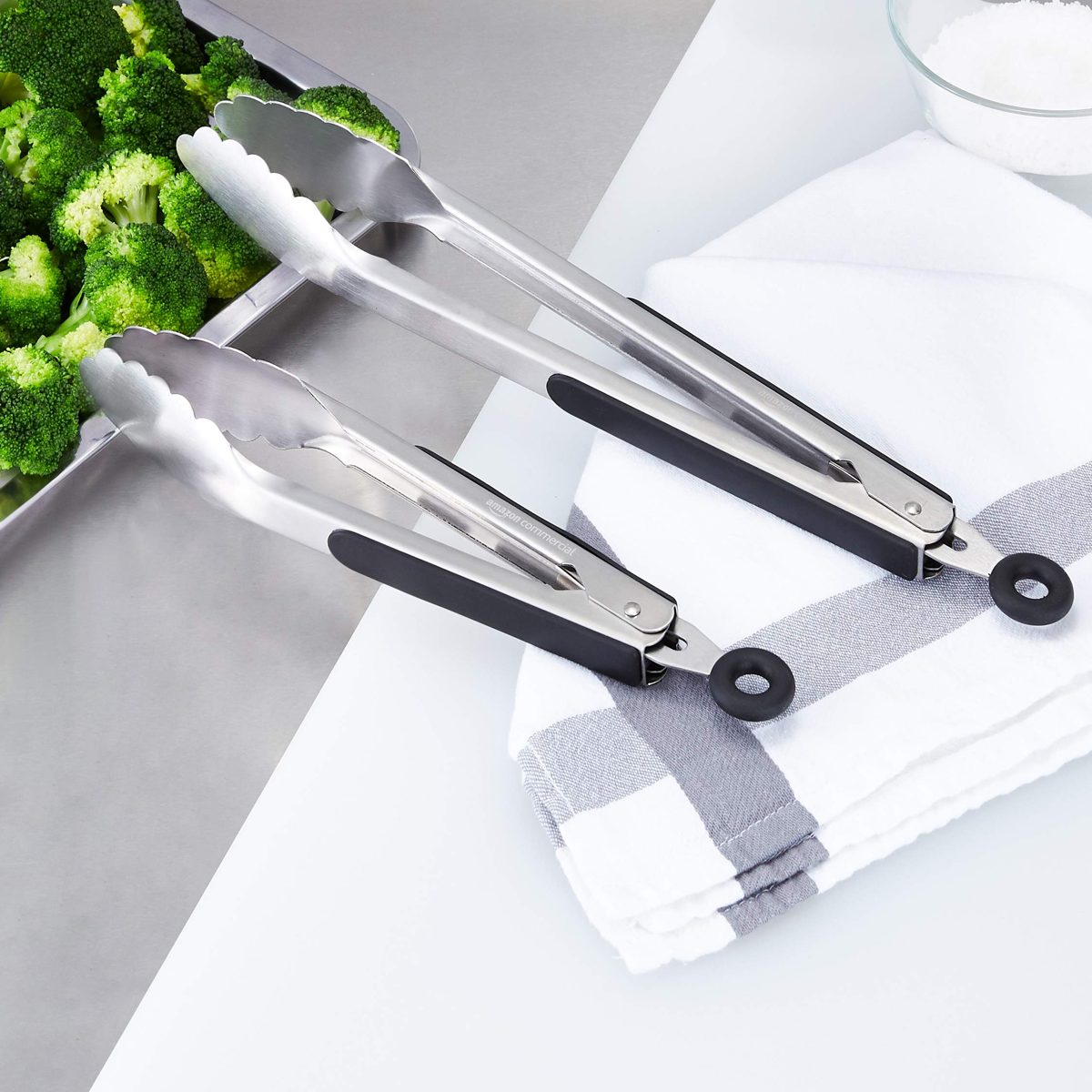 AmazonCommercial  Stainless Steel Kitchen Tongs, Non-Slip Grip, Black