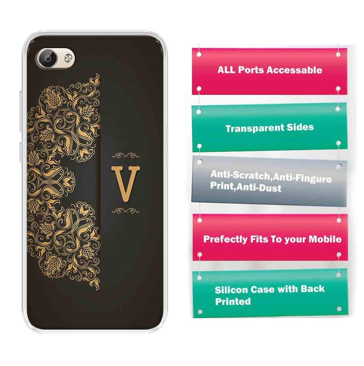 Amazon Brand - Solimo Designer Multicolor Black Pattern Alphabet-V Printed Soft Back Case Mobile Cover for Vivo Y69