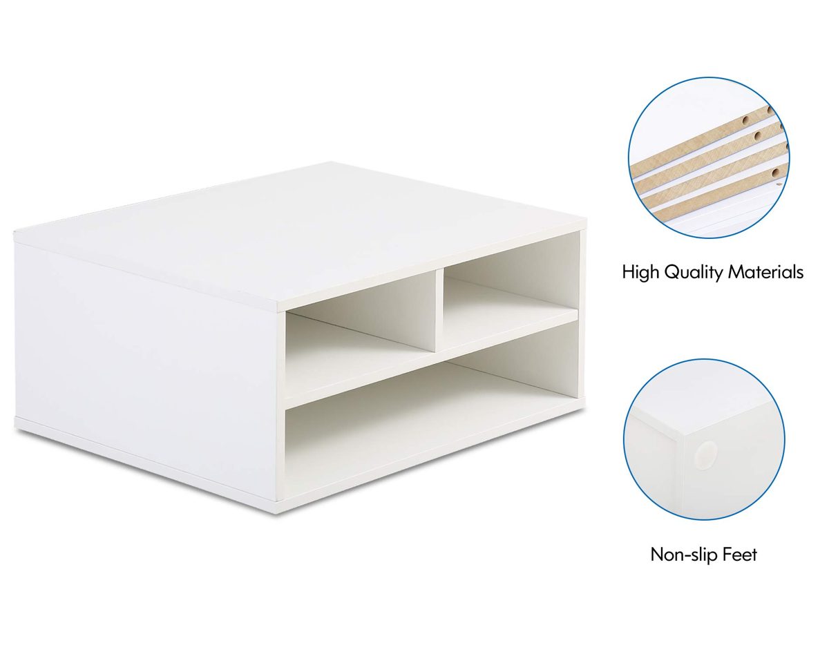 EONO EDO201401WW Printer Holder with 3 Compartments Wood White Organiser for Office and Home 47 x 40 x 22.5 cm