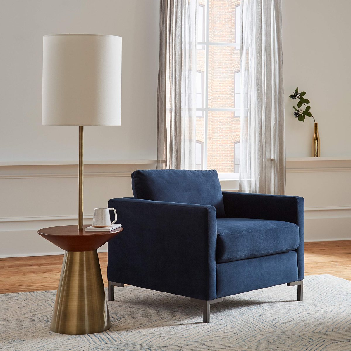 Rivet Mid Century Modern Floor Lamp and Round Wood Table with Light Bulb and Linen Shade - 60 Inches, Brass