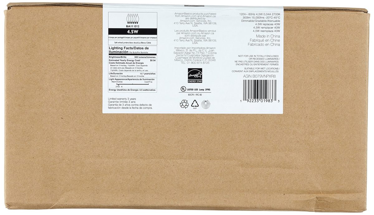 AmazonBasics Commercial Grade LED Light Bulb 40W Equivalent, BA11, Soft White, Dimmable, 6-Pack