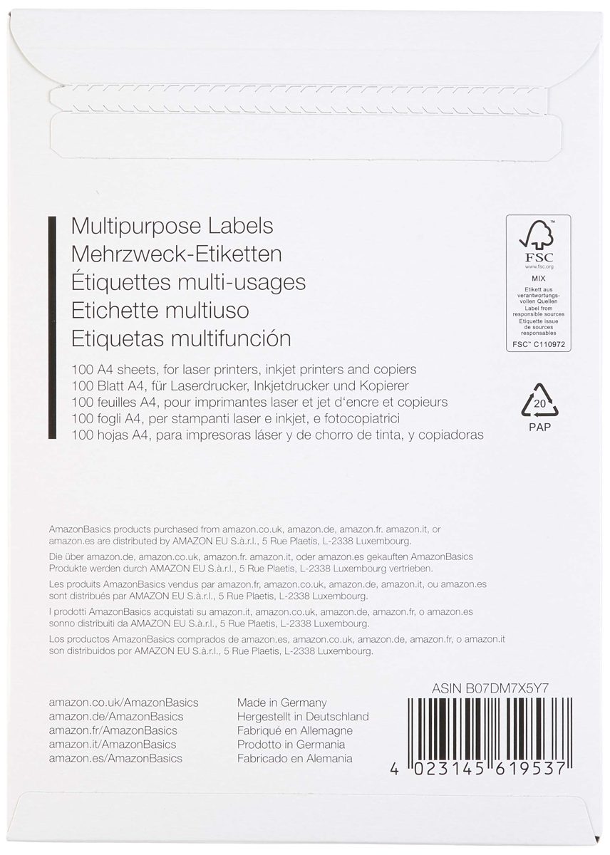 AmazonBasics Multipurpose Address Labels, 99.1mm x 139 mm, 100 Sheets, 4 Label per Sheet, 400 Labels