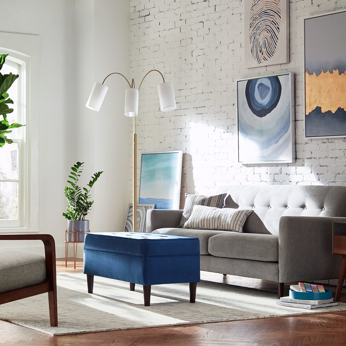 Rivet 3-Light Arc Floor Lamp, Marble and Brass, With Bulbs , 79" x 27" x 21"