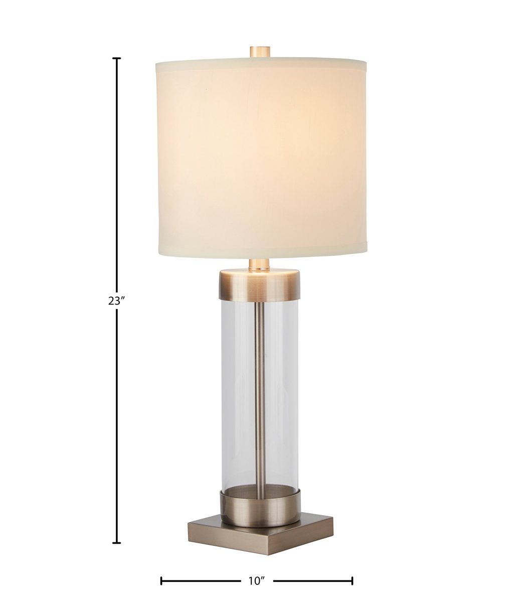 Amazon Brand – Stone & Beam Glass Column Living Room Table Desk Lamp With Light Bulb and Linen Shade, 23"H, Brushed Nickel
