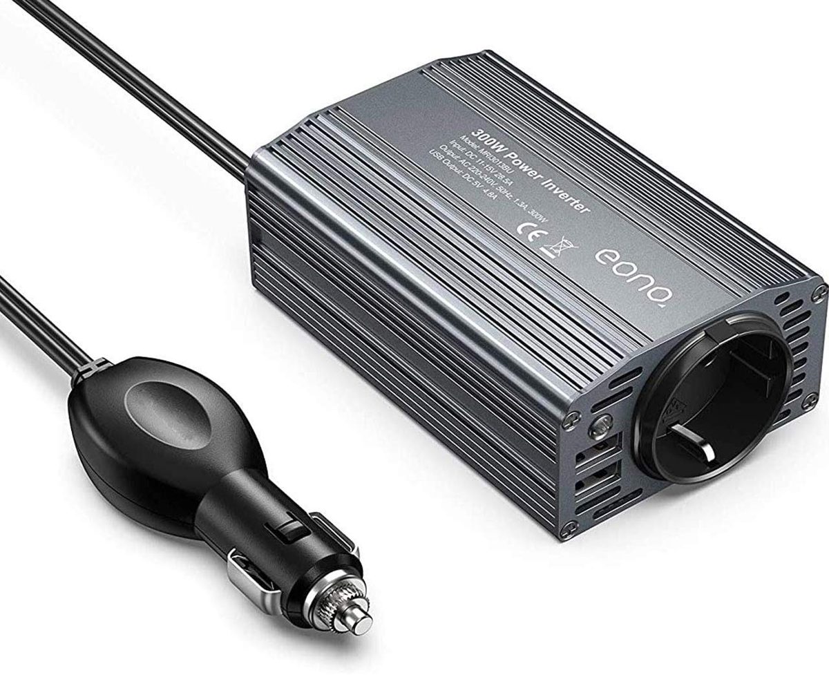 Eono Essentials Voltage Converter 12 V 230 V / Modified Wave Power Inverter 300 W / Eono Inverter with 2 USB Ports and Car Cigarette Lighter Plug