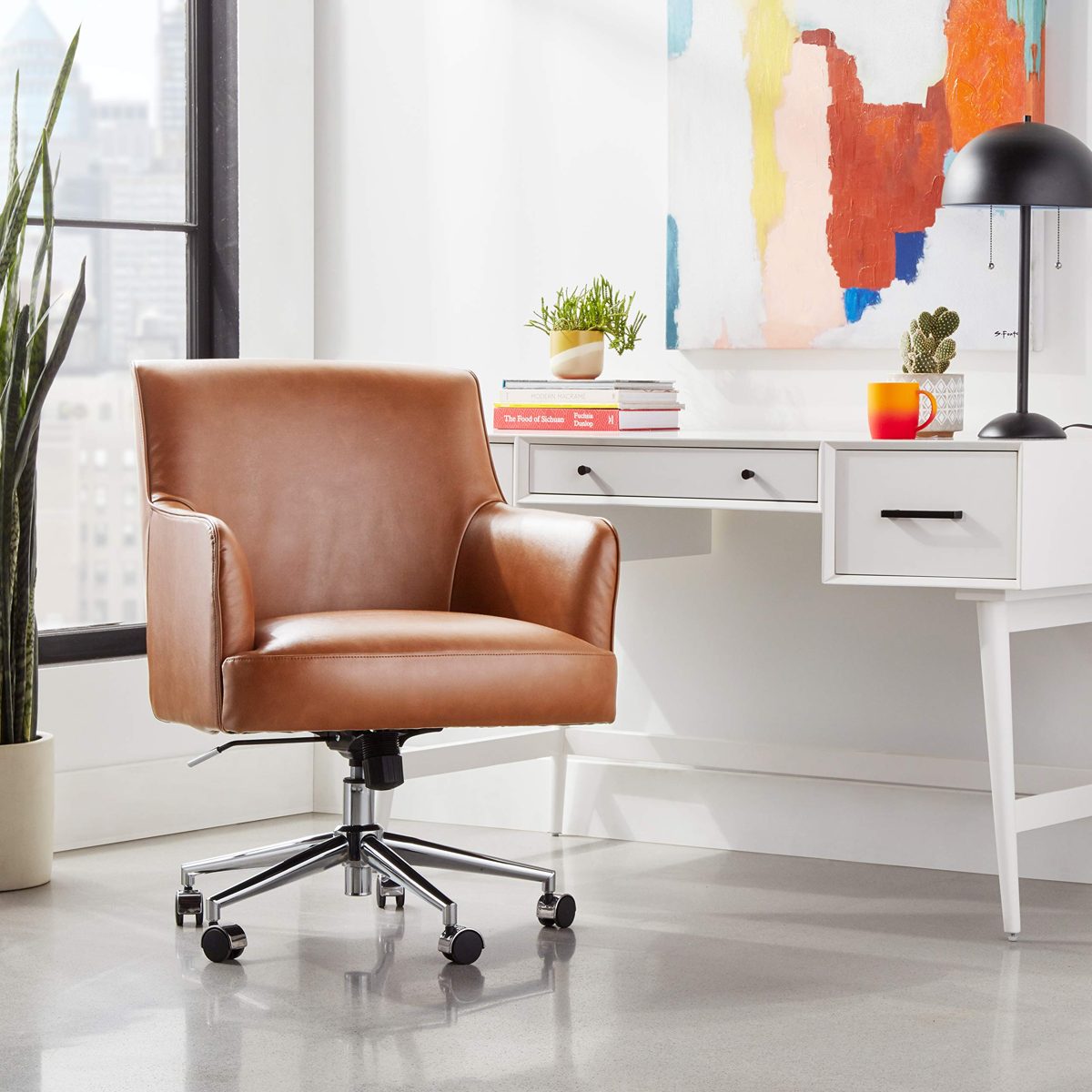 Amazon Brand – Rivet Mid-Century Bonded Leather Swivel Office Chair with Chrome Metal Base, 22.8"W, Saddle Brown