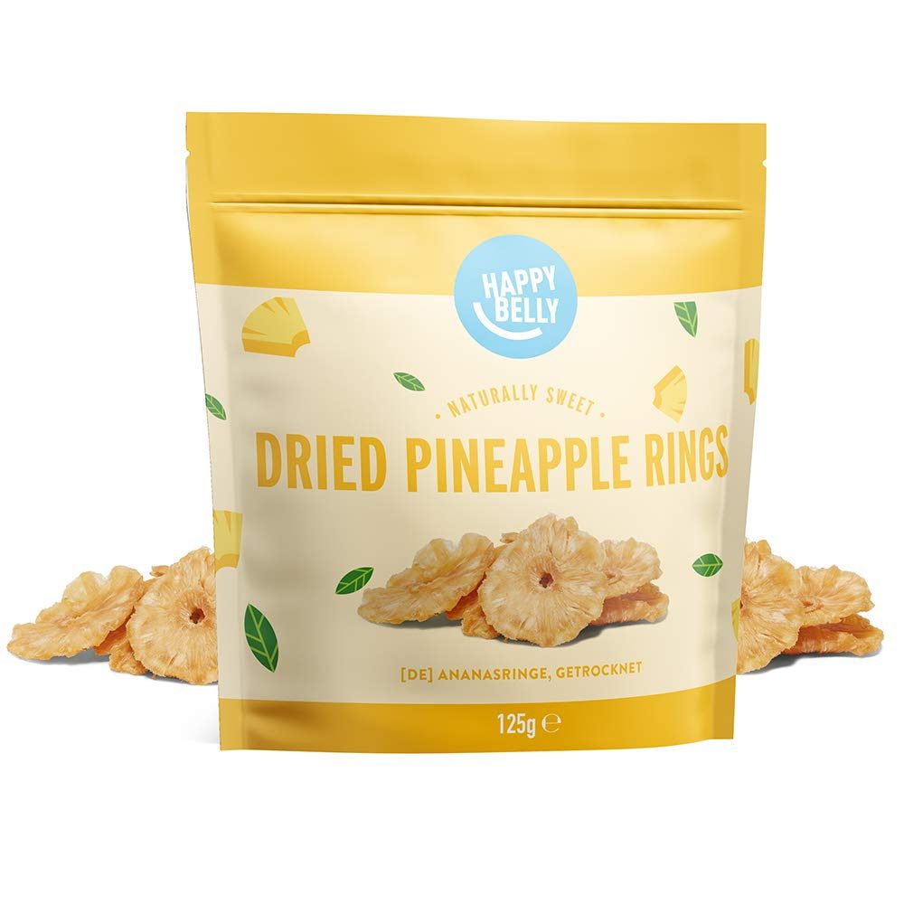 Amazon Brand - Happy Belly Dried Pineapple Rings, 6 x 125g