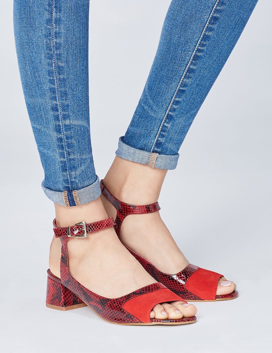 find. Amazon Brand Women's Open Toe Sharp Block Heel Multicolour (Red Print) US 6.5