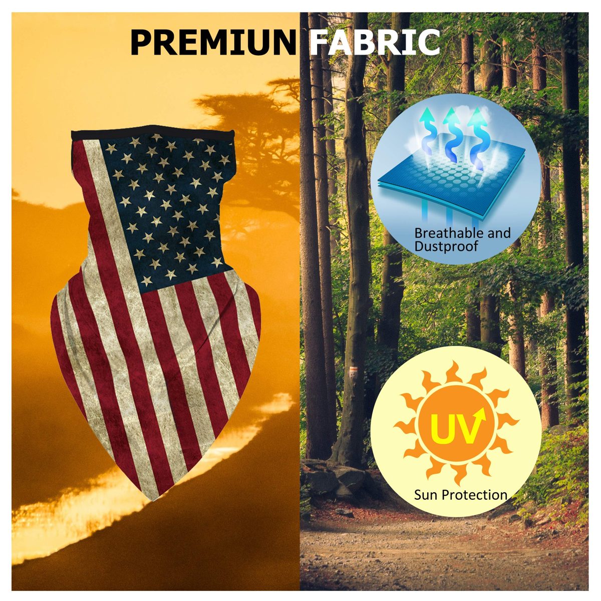 ENCOM Unisex Face Ear Loops Bandana,Neck Gaiter Face Scarf Light Breathable for Sun Wind Clothing Balaclava 1 Pack American Flag