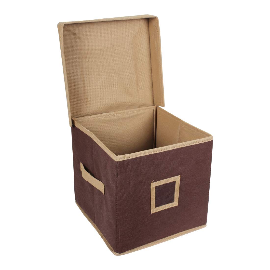 Amazon Brand - Solimo Fabric Storage Box with Lid, Medium, Beige and Brown