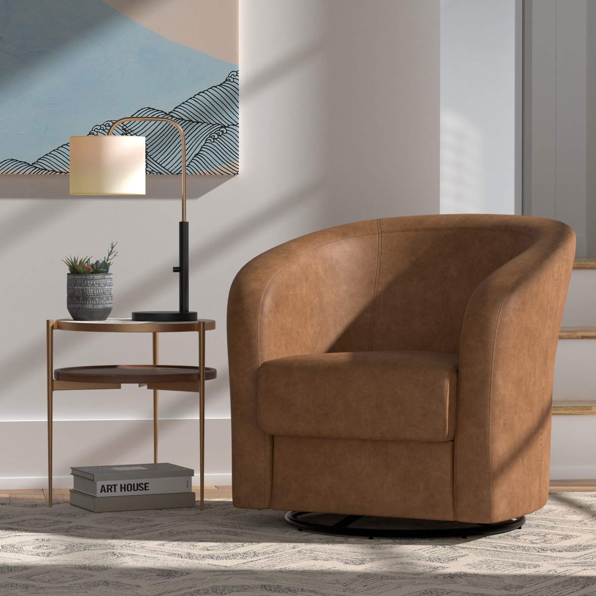 Amazon Brand – Rivet Rione Modern Leather Swivel Chair with Rounded Back, 30.3"W, Marseille Cognac