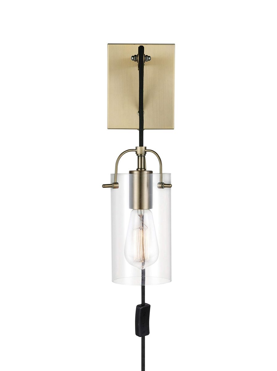 Amazon Brand – Stone & Beam Contemporary Plug-In Wall Sconce, Vintage Edison Bulb Included, 15"H, Antique Brass
